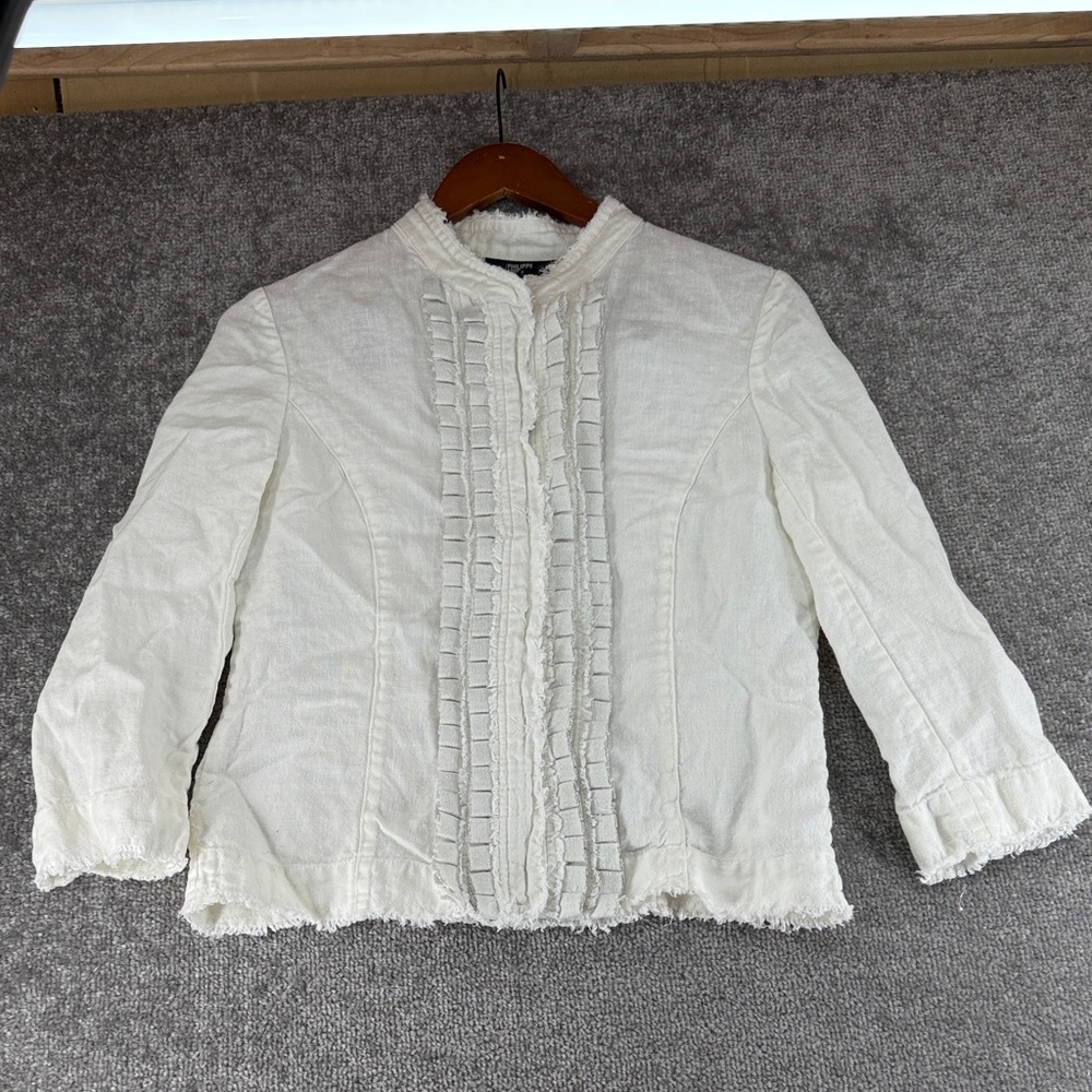 Philippe Adec Long Sleeve Button Up Blouse Shirt Ruffle Womens 8 White